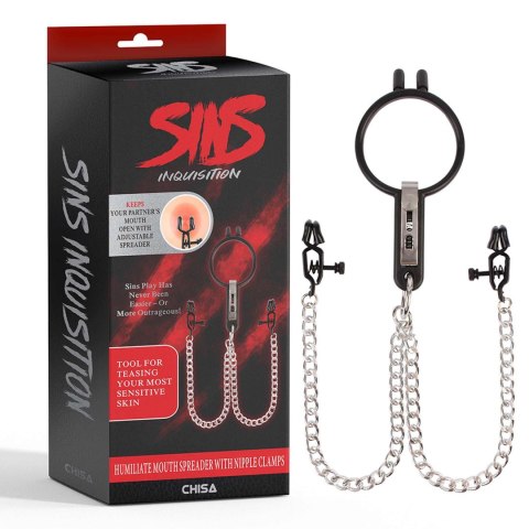 Humiliate Mouth Spreader with Nipple Clamps Humiliate Mouth Spreader with Nipple Clamps