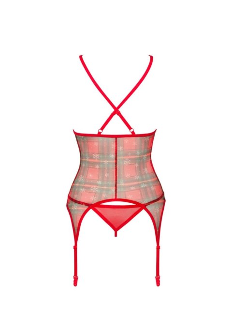 Detal wzoru: czerwono-zielona krata i motyw śnieżynek na gorsecie.