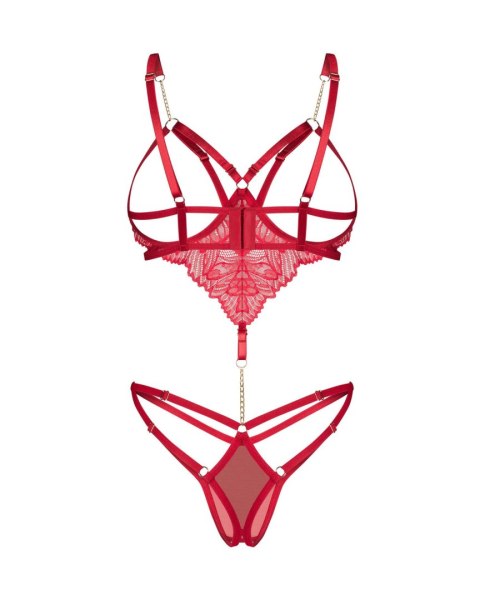 Detal otwartych miseczek i ozdobnej zawieszki w czerwonym body erotycznym marki Obsessive