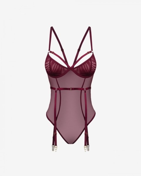 Promees Body Cornelia Burgundy – Transparentna Elegancja z Paskami do Pończoch XS/S