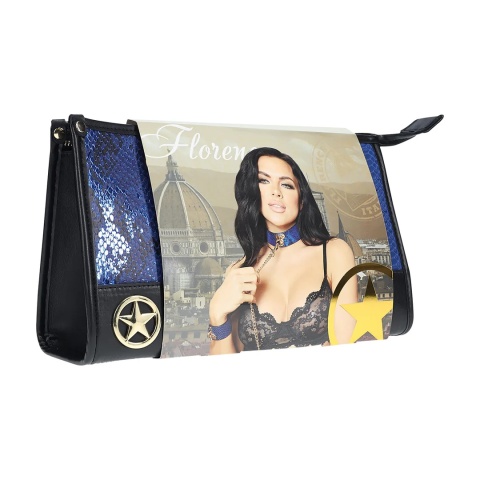 Niebieski zestaw BDSM Florence Collection 9w1 w luksusowej, otwartej torbie transportowej.