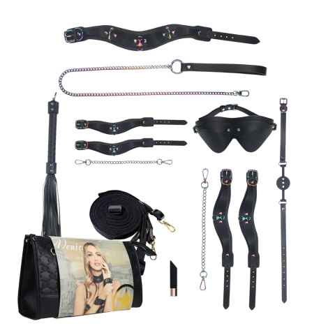 Luksusowy, czarny zestaw BDSM Venice Collection 9w1 w eleganckiej torbie transportowej.