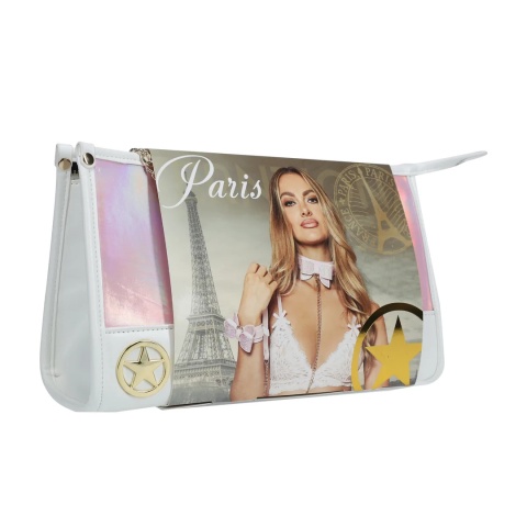 Designerska, różowa torba z zestawu Paris Collection z opalizującymi metalowymi okuciami i logo Ouch!
