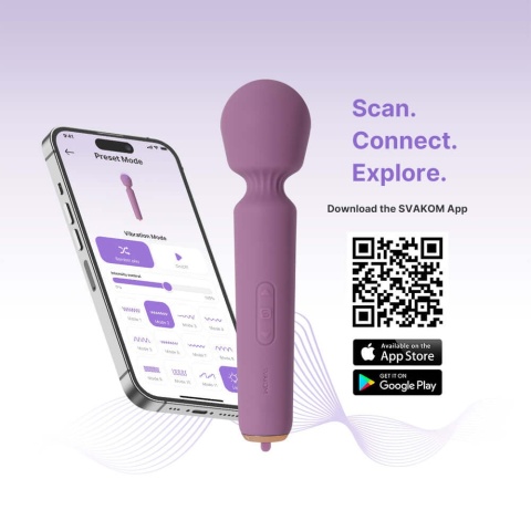 Smartfon z aplikacją SVAKOM obok masażera Mini Emma Neo, symbolizujący zdalne sterowanie.
