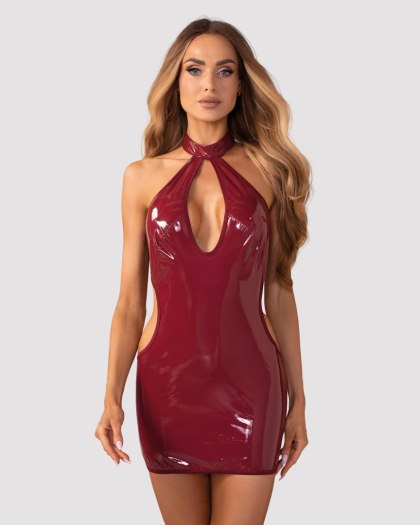 Obsessive Redya – Sukienka Lakierowana Czerwień z Chokerem i Wiązaniem 2XL/3XL