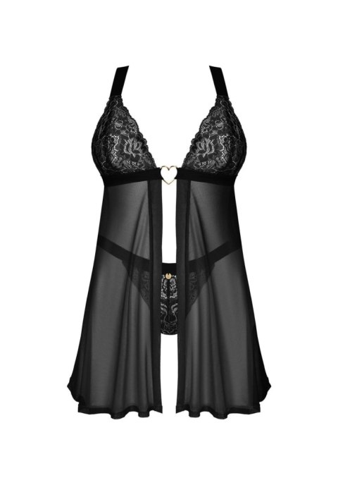 Obsessive Elianes rozm. M/L – Czarna Babydoll z Ozdobnym Sercem i Stringi