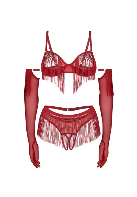 Obsessive Rossay Red rozm. S/M – Czerwony Komplet 4-Częściowy Frędzle i Rękawiczki