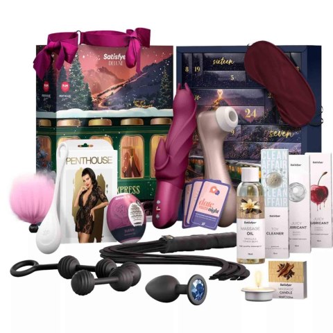 Zestaw Satisfyer Deluxe 2026 z zawartością ułożoną obok pudełka