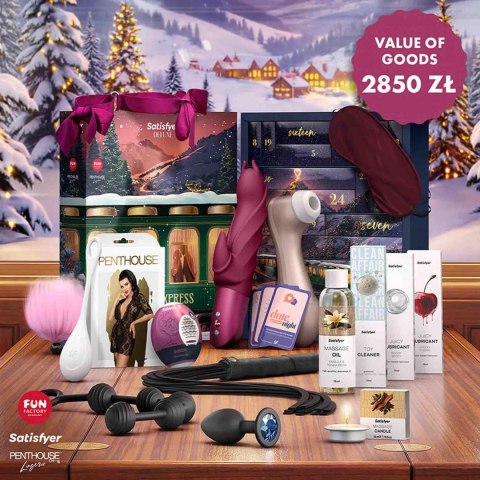 Zestaw Satisfyer Deluxe 2026 z zawartością ułożoną obok pudełka