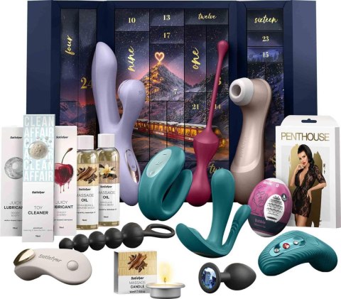 Zestaw Satisfyer Premium 2026 z zawartością ułożoną obok pudełka
