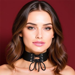 Cinderella szeroki choker sznurowany z kokardą – czarny, wegańska skóra