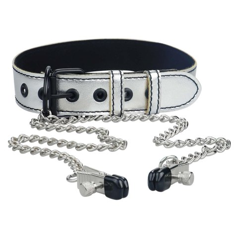 Metallic Silver Collar With Nipple Clamp Metallic Silver Collar With Nipple Clamp