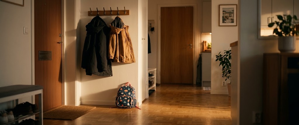 dwa płaszcze na wieszaku przy drzwiach wejściowych i mały dziecięcy plecak na podłodze, ciepłe wieczorne światło